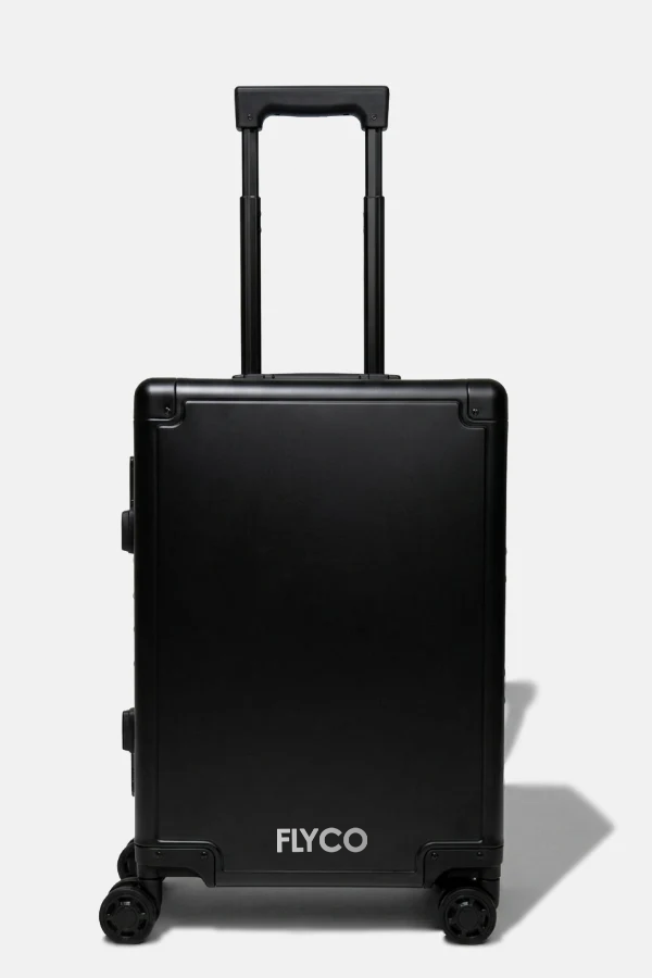 FLYCO black aluminium luggage — front view, handle up