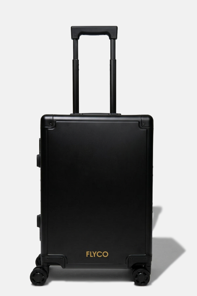 FLYCO black aluminium luggage — front view, handle up