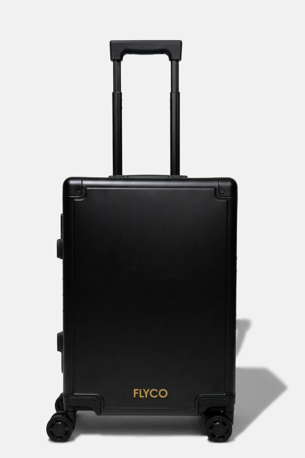 FLYCO black aluminium luggage — front view, handle up