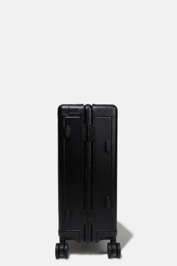 FLYCO black aluminium luggage — side view, hinge