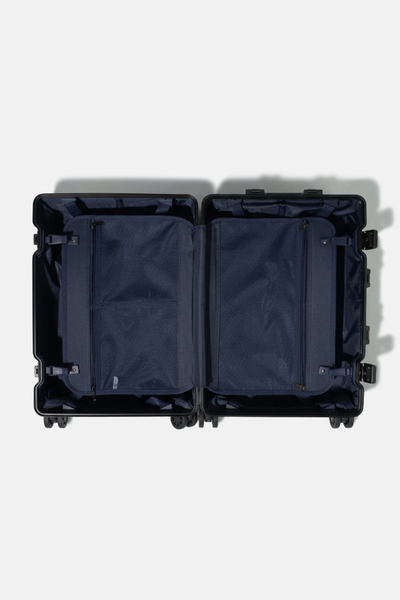 FLYCO black aluminium luggage — open flat