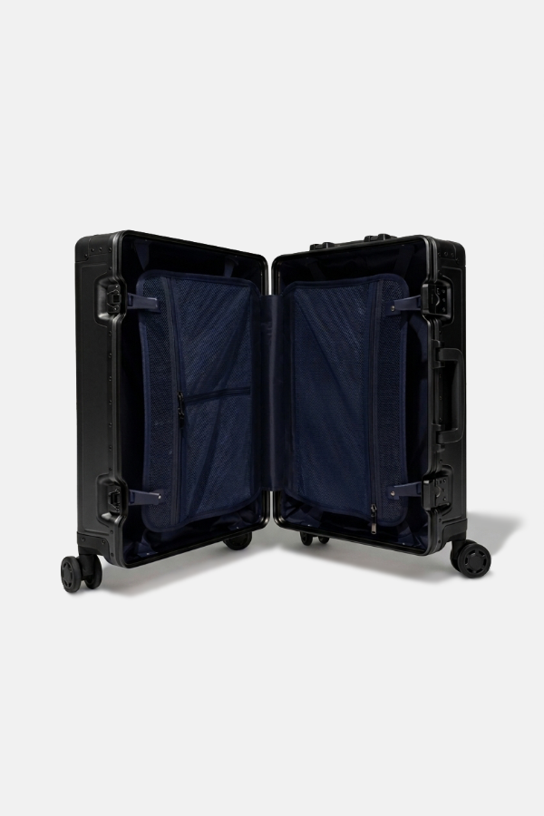 FLYCO black aluminium luggage — open, angled view